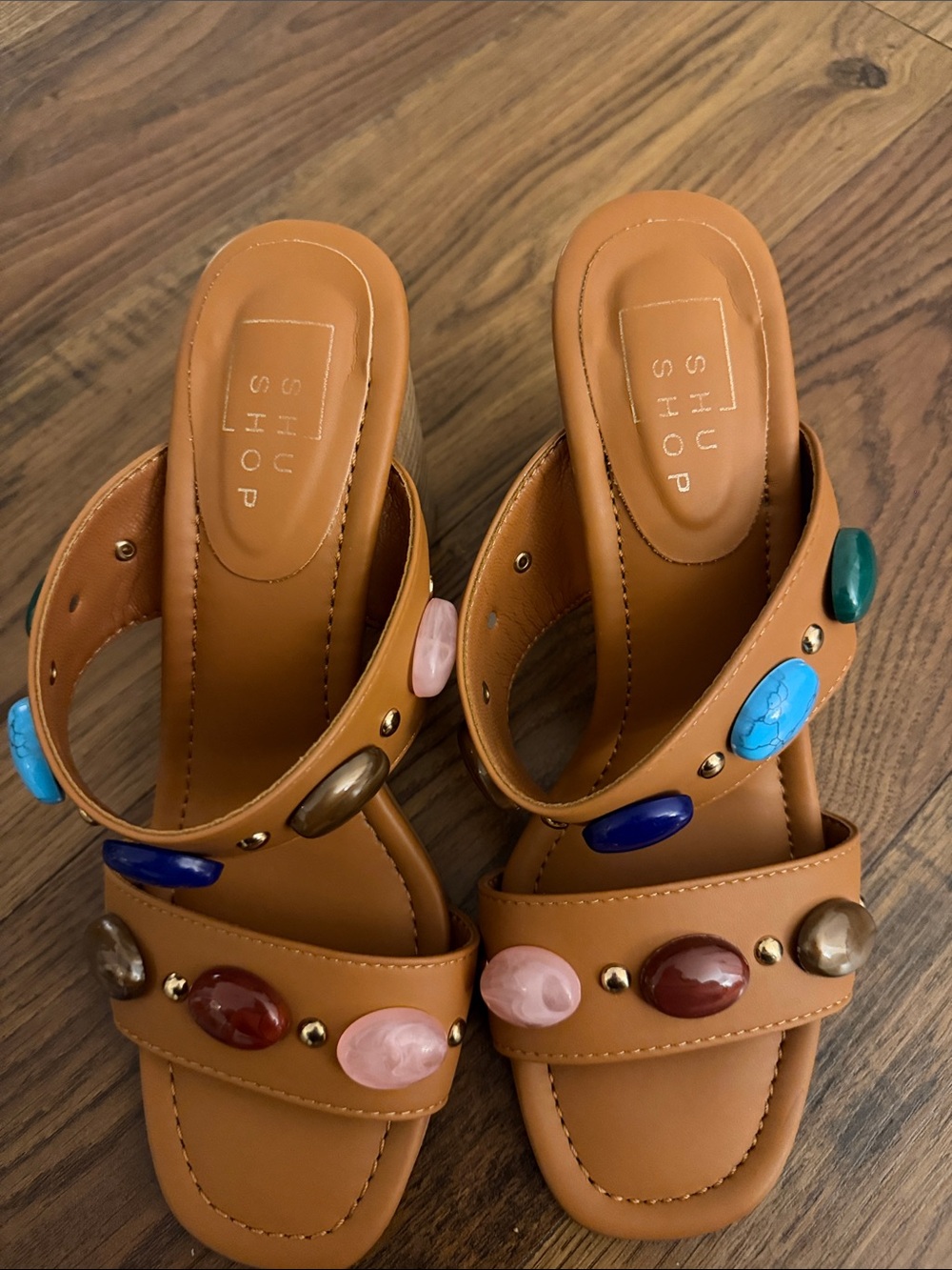 ShuShop Tan Block Heel Mule with Multicolored Stone Accents - Picture 2 of 5